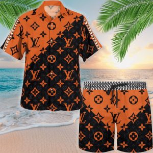 Louis Vuitton LV Orange Hawaii Shirt Shorts Set Luxury Beach Clothing Clothes Outfit For Men ND