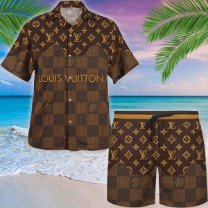 Louis Vuitton LV Brown Hawaii Shirt Shorts Set Luxury Beach Clothing Clothes Outfit For Men ND