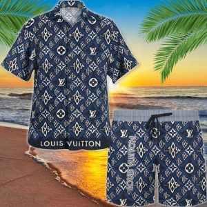Louis Vuitton LV Blue Hawaii Shirt Shorts Set Luxury Beach Clothing Clothes Outfit For Men ND