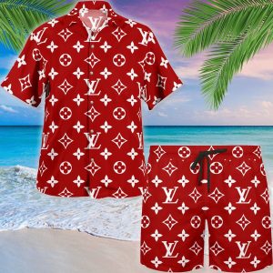 Louis Vuitton Red LV Hawaii Shirt Shorts Set Luxury Beach Clothing Clothes Outfit For Men ND