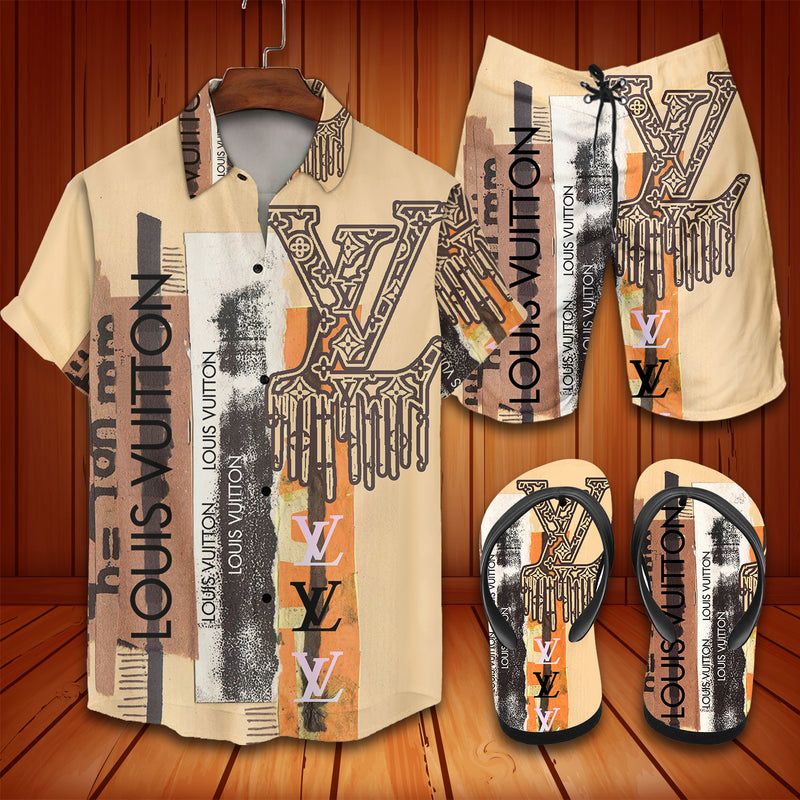 Louis vuitton wheat hawaii shirt shorts set flip flops luxury lv