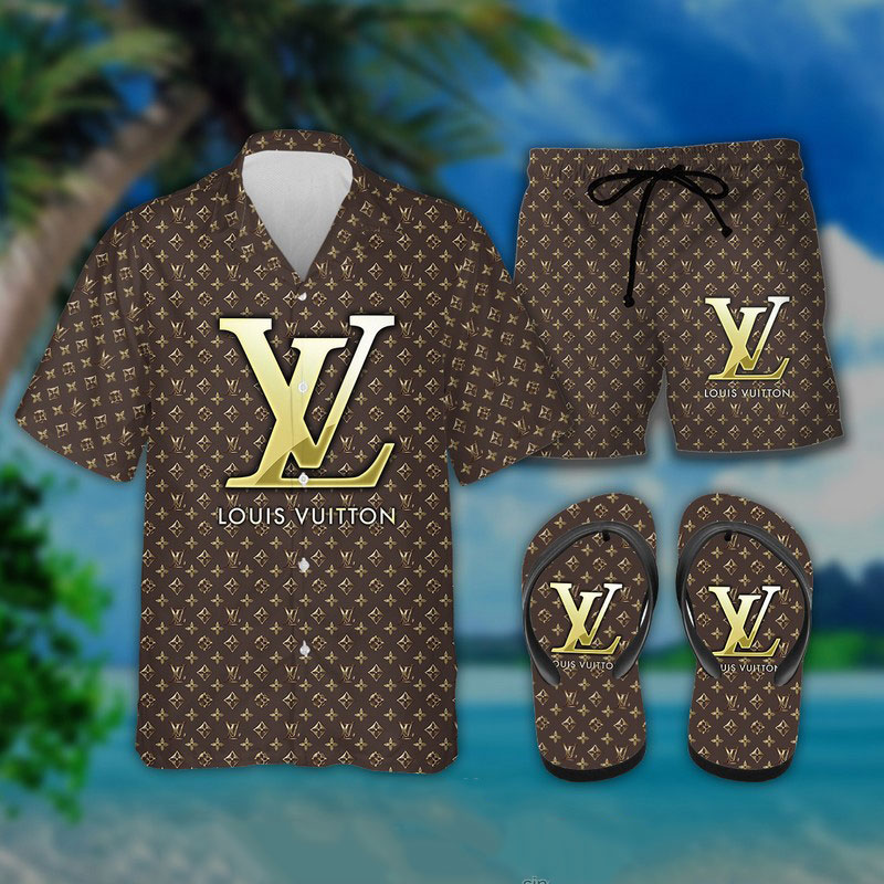 Louis Vuitton Hawaii Shirt Shorts Set & Flip Flops Luxury LV