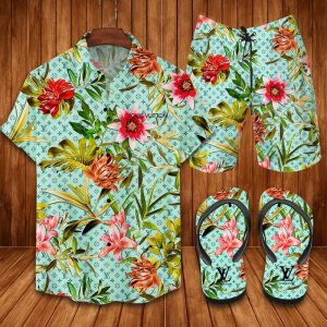 Louis Vuitton Green Hawaii Shirt Shorts Set & Flip Flops Luxury LV Clothing Clothes Outfit For Men ND