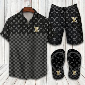 Louis Vuitton Black Hawaii Shirt Shorts Set & Flip Flops Luxury LV Clothing Clothes Outfit For Men ND