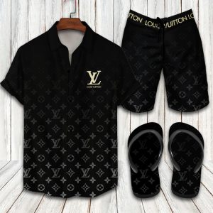 Louis Vuitton Black Hawaii Shirt Shorts Set & Flip Flops Luxury LV Clothing Clothes Outfit For Men ND