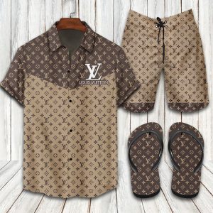 Louis Vuitton Brown Hawaii Shirt Shorts Set & Flip Flops Luxury LV Clothing Clothes Outfit For Men ND