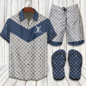 Louis Vuitton Grey Hawaii Shirt Shorts Set & Flip Flops Luxury LV Clothing Clothes Outfit For Men ND
