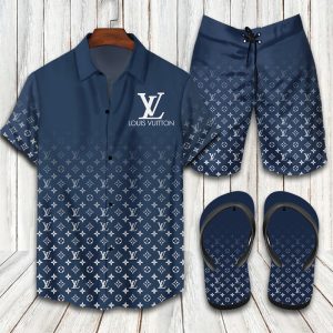Louis Vuitton Navy Hawaii Shirt Shorts Set & Flip Flops Luxury LV Clothing Clothes Outfit For Men ND
