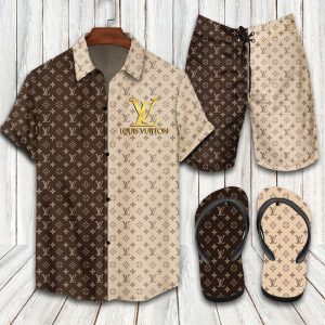 Louis Vuitton Beige Hawaii Shirt Shorts Set & Flip Flops Luxury LV Clothing Clothes Outfit For Men ND