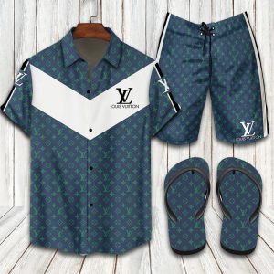 Louis Vuitton Blue Hawaii Shirt Shorts Set & Flip Flops Luxury LV Clothing Clothes Outfit For Men ND