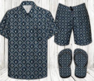 Louis Vuitton Navy Hawaii Shirt Shorts Set & Flip Flops Luxury LV Clothing Clothes Outfit For Men ND