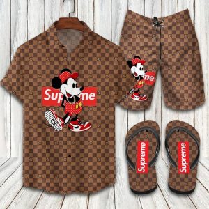 Louis Vuitton Supreme Mickey Mouse Hawaii Shirt Shorts Set & Flip Flops Luxury LV Clothing Clothes Outfit Disney Gifts For Men ND