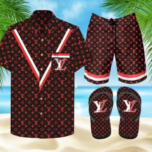 Louis Vuitton Black Red Hawaii Shirt Shorts Set & Flip Flops Luxury LV Clothing Clothes Outfit For Men ND