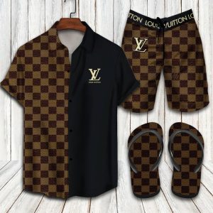 Louis Vuitton Black Brown Hawaii Shirt Shorts Set & Flip Flops Luxury LV Clothing Clothes Outfit For Men ND