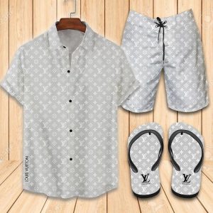 Louis Vuitton White Grey Hawaii Shirt Shorts Set & Flip Flops Luxury LV Clothing Clothes Outfit For Men ND
