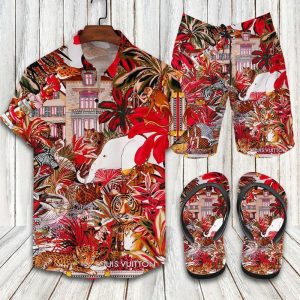 Louis Vuitton Red Hawaii Shirt Shorts Set & Flip Flops Luxury LV Clothing Clothes Outfit For Men ND