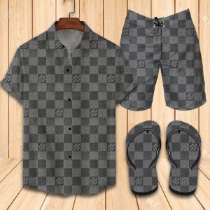 Louis Vuitton Grey Hawaii Shirt Shorts Set & Flip Flops Luxury LV Clothing Clothes Outfit For Men ND