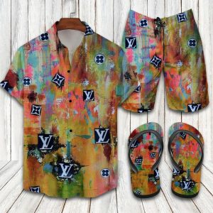 Louis Vuitton Multicolor Hawaii Shirt Shorts Set & Flip Flops Luxury LV Clothing Clothes Outfit For Men ND
