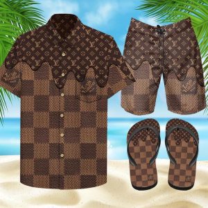 Louis Vuitton Brown Hawaii Shirt Shorts Set & Flip Flops Luxury LV Clothing Clothes Outfit For Men ND