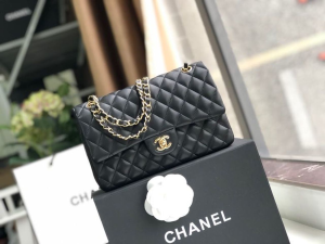 Chanel Classic Flap Bag 25cm Gold Hardware Lambskin Leather Spring/Summer Collection, Black/Burgundy  - 2799