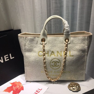 Chanel Deauville Tote Tweed Canvas Bag Fall/Winter Collection, Beige/Cream/Gold/Multi For Women 15in/38cm  - 2799