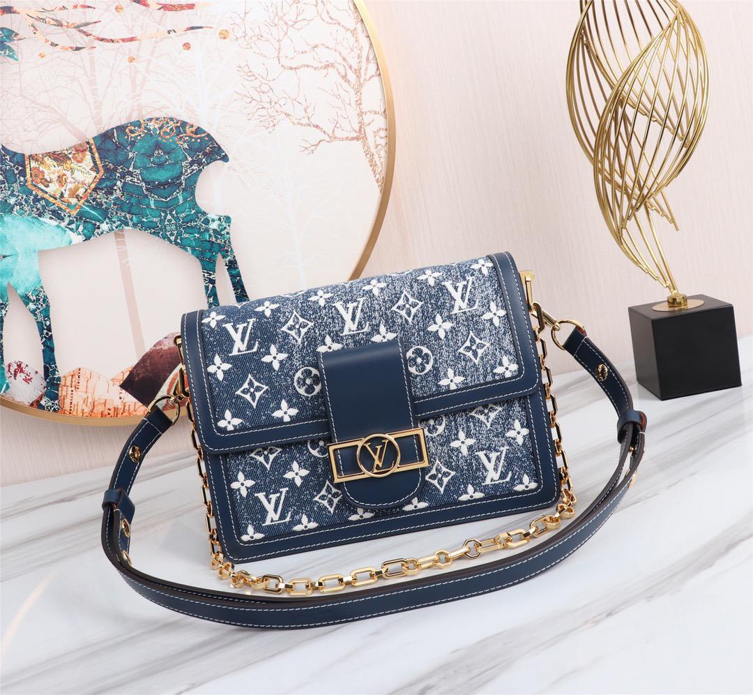 2799 Louis Vuitton Dauphine MM Denim Jacquard Monogram Pattern Navy Blue For Women Women s Handbags Shoulder And Crossbody Bags 9.8in 25cm LV M59631 Acm Shop Sac a main Louis Vuitton Hudson