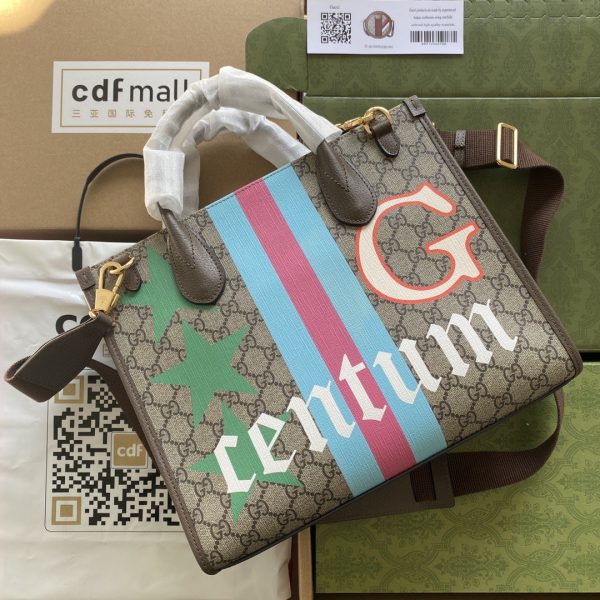 2 gucci medium tote with geometric print beige and ebony gg supreme canvas with geometric and web print for women 148in375cm gg 674148 uqhhg 8678 2799 934