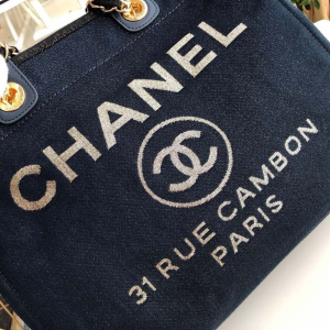 1-Chanel Deauville Tote Canvas Bag Dark Blue For Women 14.9in/38cm  - 2799-993
