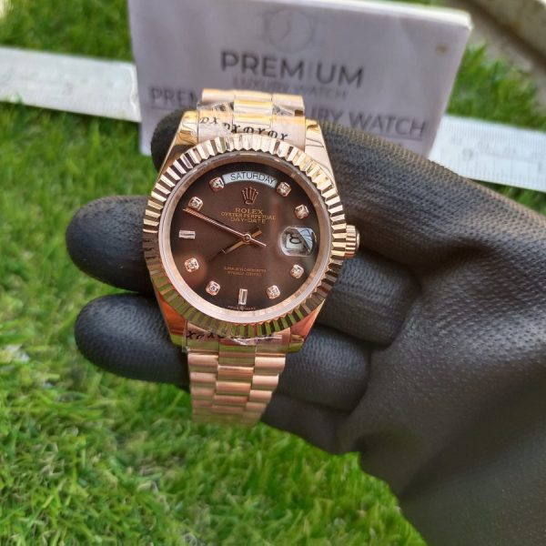 rolex everose gold daydate 40mm watch fluted bezel brown ombre diamond dial president bracelet mens watch