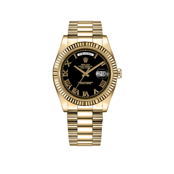 rolex daydate 41mm black roman dial fluted bezel president bracelet yellow gold watch 228238