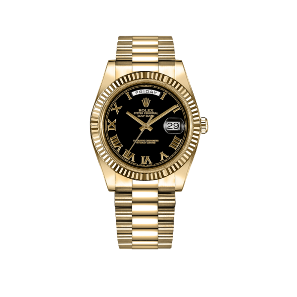 1 rolex daydate 41mm black roman dial fluted bezel president bracelet yellow gold watch 228238