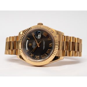 2 rolex daydate 41mm black roman dial fluted bezel president bracelet yellow gold watch 228238