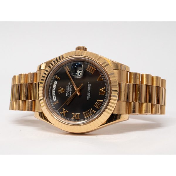 2 rolex daydate 41mm black roman dial fluted bezel president bracelet yellow gold watch 228238