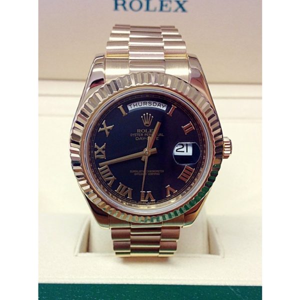 4 rolex daydate 41mm black roman dial fluted bezel president bracelet yellow gold watch 228238