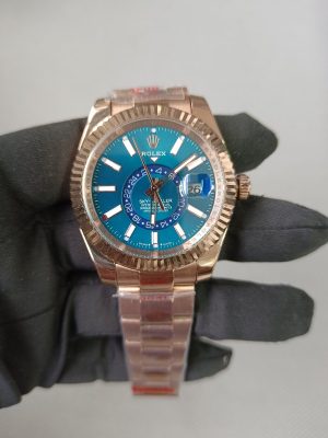 new rolex skydweller rose gold blue index dial fluted bezel oyster bracelet 336935