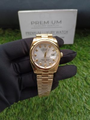 rolex dateblue 36mm yellow gold silver diamond dial president bracelet mens watchunisex wrist watch