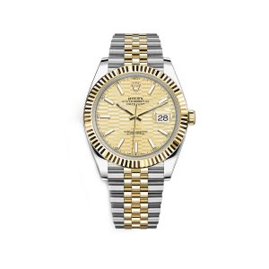 rolex dateSchwarz 126333 champagne fluted motif index dial two tone jubilee bracelet watch