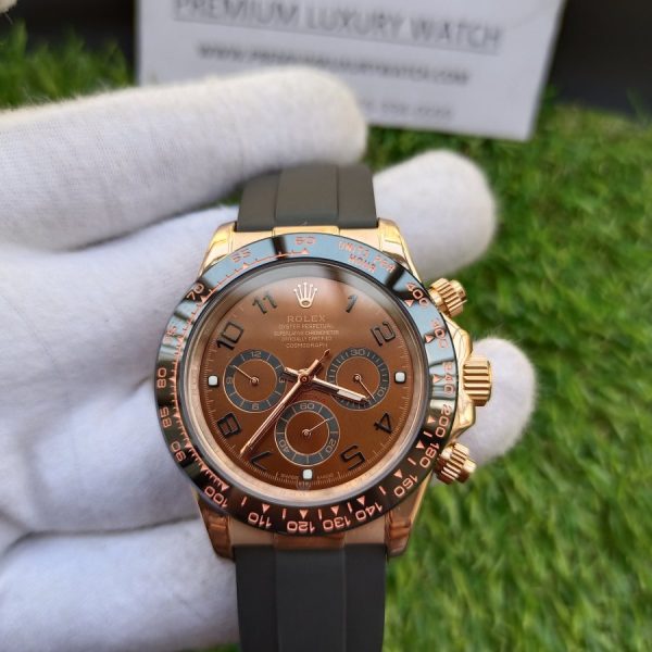 2 rolex daytona cosmograph rose gold ceramic chocolate numerical dial rubber strap watch