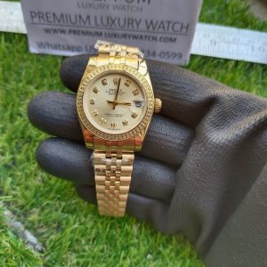 rolex lady datejust 31mm yellow gold yellow dial with diamond marker oyster perpetual jubilee bracelet watch