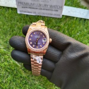 1 rolex lady datejust 31mm rose gold purple blue dial with diamond marker oyster perpetual jubilee bracelet watch