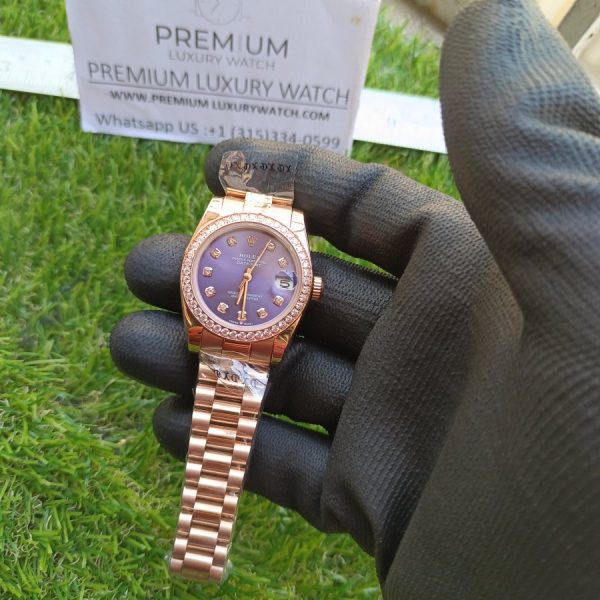 6 rolex lady datejust 31mm rose gold purple blue dial with diamond marker oyster perpetual jubilee bracelet watch