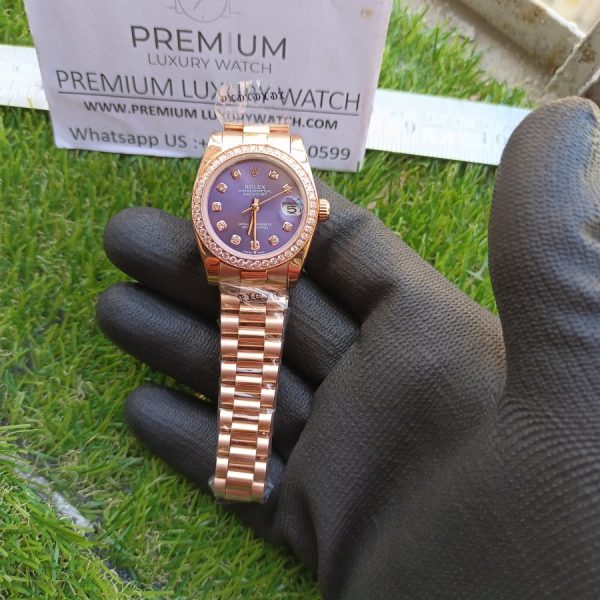7 rolex lady datejust 31mm rose gold purple blue dial with diamond marker oyster perpetual jubilee bracelet watch