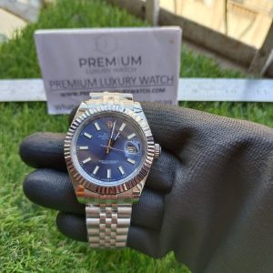 1 rolex datemission 41mm blue dial fluted bezel white gold jubilee mens watch