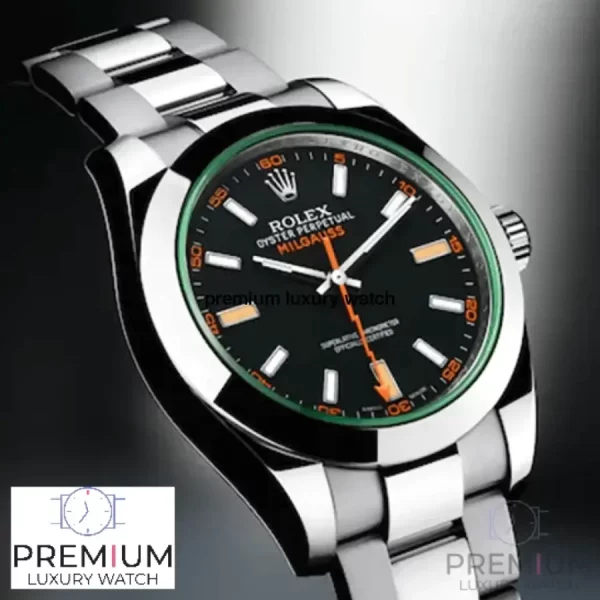 4 rolex milgauss green crystal stainless steel black dial smooth bezel oyster bracelet 116400gv