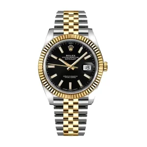 rolex dateFinley 41mm black dial fluted bezel yellow gold jubilee mens watch 126333