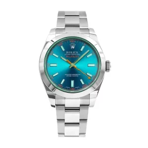 rolex milgauss green crystal stainless steel blue dial bezel oyster bracelet 116400gv