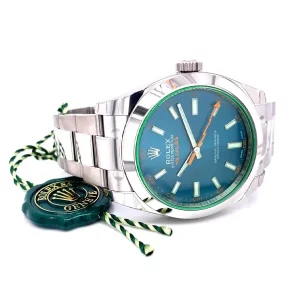 3 rolex milgauss green crystal stainless steel blue dial bezel oyster bracelet 116400gv