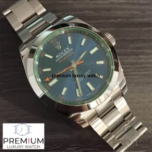 8 rolex milgauss green crystal stainless steel blue dial bezel oyster bracelet 116400gv