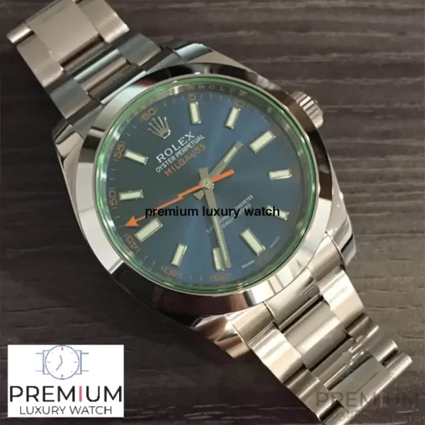 8 rolex milgauss green crystal stainless steel blue dial bezel oyster bracelet 116400gv