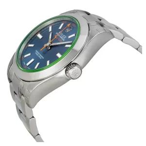 10 rolex milgauss green crystal stainless steel blue dial bezel oyster bracelet 116400gv